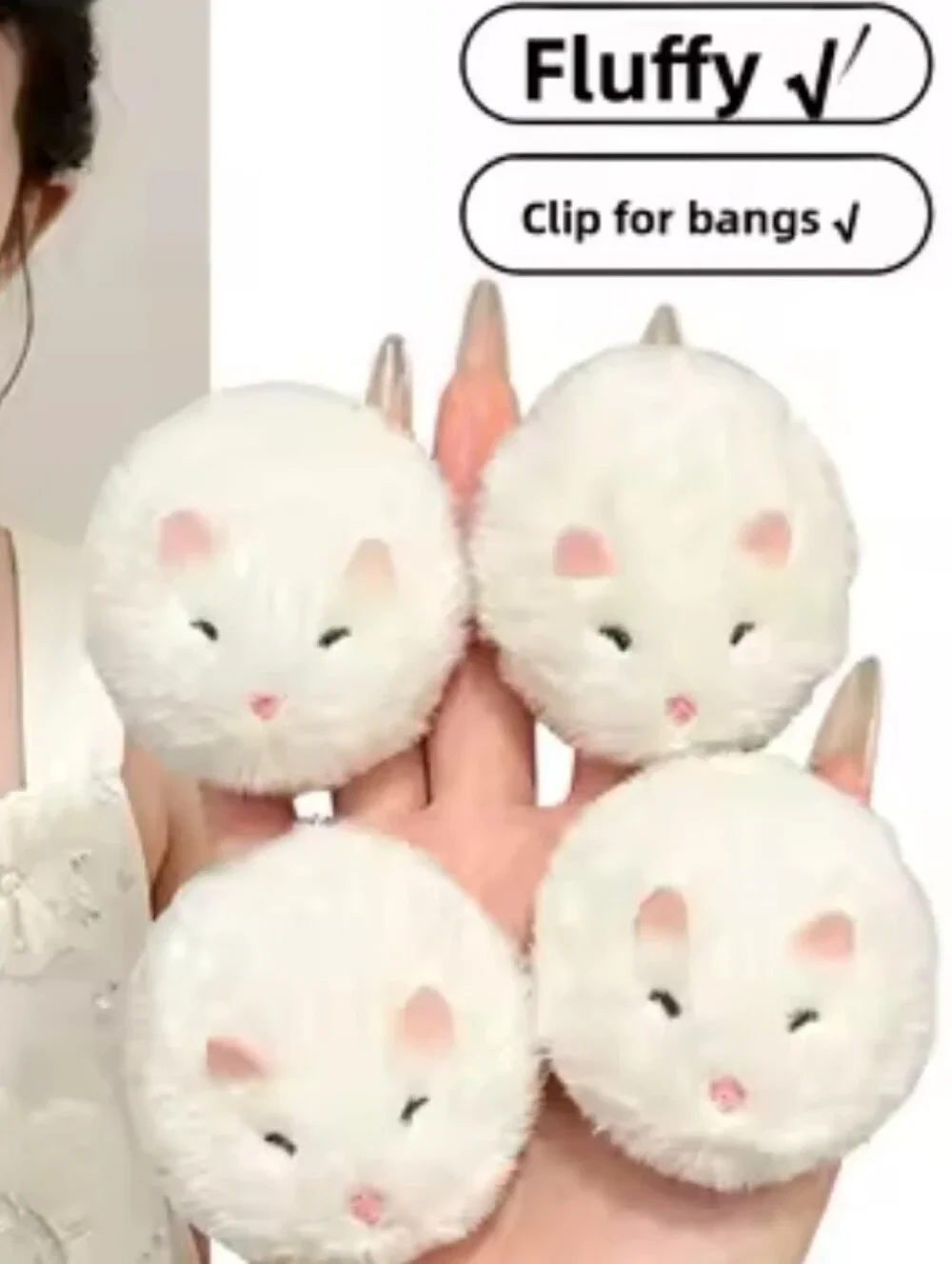 Fluffy White Hamster Hair Clips for Unisex - Cute Pom Pom Accessory